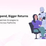 Illustration of a businesswoman and a robot analysing ad performance charts, symbolising AI-powered strategies to boost ROI in paid ads across Google, Meta and LinkedIn.