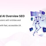 Illustration showing a human and a robot collaborating on digital marketing tasks symbolising AI-human partnership for Google AI Overview SEO.