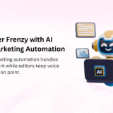 AI digital marketing automation banner—“Focus Over Frenzy” with a robot at a laptop, symbolising automation handling repeat work.