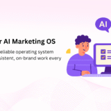 Banner with the headline “Build Your AI Marketing OS” showing a marketer and a friendly robot pointing at a checklist on a monitor, representing on-brand outputs each week.