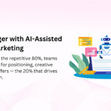 AI-assisted digital marketing illustration showing a robot automating marketing tasks while a marketer analyses growth results.