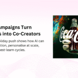 Slide titled “How AI Campaigns Turn Audiences into Co-Creators,” with subheadline about participation and personalisation; on the right, a robot hand holds a Coca-Cola bottle against a colourful, space-themed background with the Coca-Cola script.