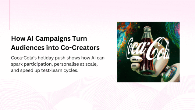 Slide titled “How AI Campaigns Turn Audiences into Co-Creators,” with subheadline about participation and personalisation; on the right, a robot hand holds a Coca-Cola bottle against a colourful, space-themed background with the Coca-Cola script.