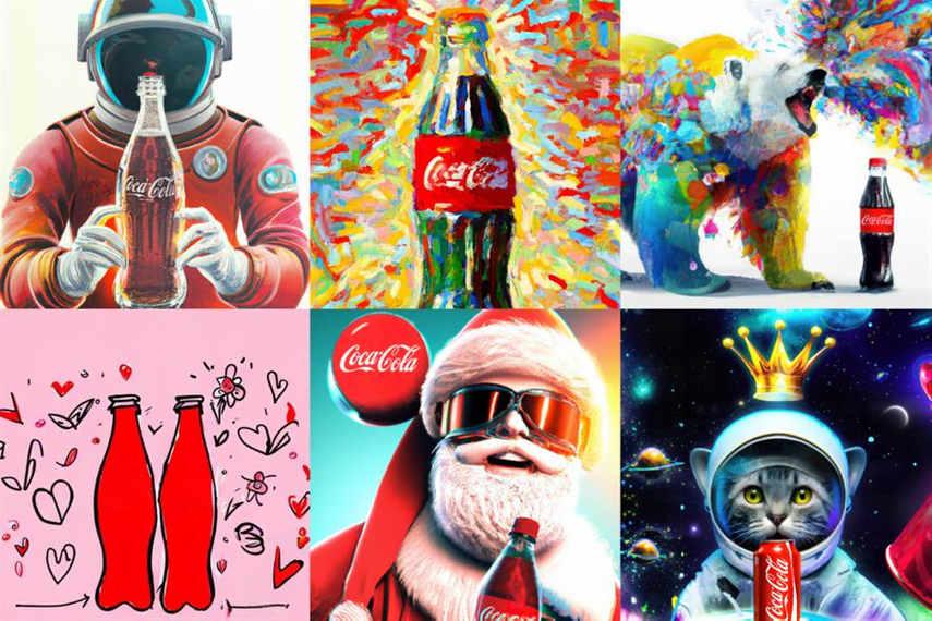 Grid of six AI-generated Coca-Cola artworks: an astronaut holding a Coke bottle, an abstract painted bottle, a colourful polar bear beside a bottle, a doodle of two Coke bottles with hearts, Santa with a bottle, and a crown-topped space cat holding Coke.