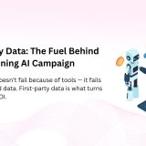 First-party data fueling AI marketing shown with a robot analyzing dashboards, charts, and coins representing ROI growth.