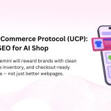 Banner reading “Universal Commerce Protocol (UCP): The New SEO for AI Shop” with a shopping phone UI and an AI robot icon.