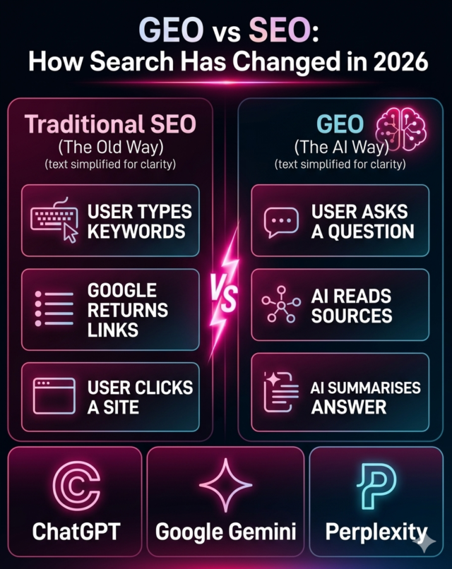 Traditional SEO vs Generative Engine Optimisation GEO AI search